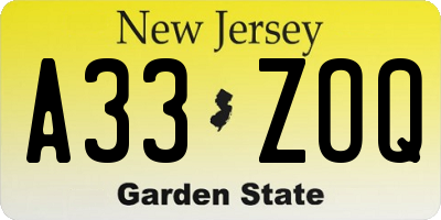 NJ license plate A33ZOQ