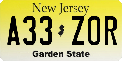 NJ license plate A33ZOR