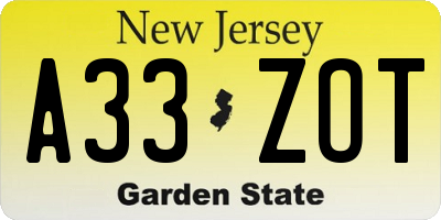 NJ license plate A33ZOT