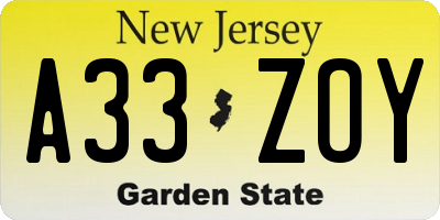 NJ license plate A33ZOY
