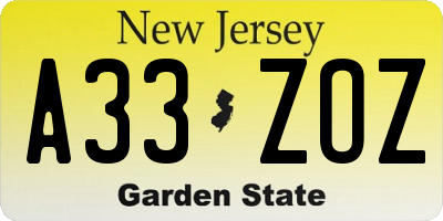 NJ license plate A33ZOZ