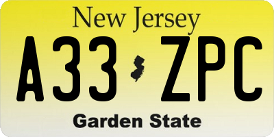 NJ license plate A33ZPC