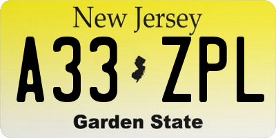 NJ license plate A33ZPL