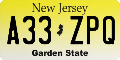 NJ license plate A33ZPQ