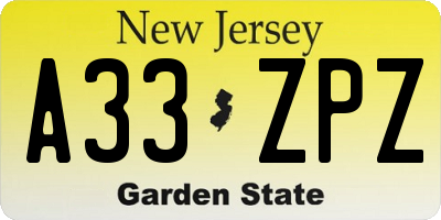 NJ license plate A33ZPZ