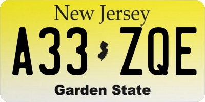 NJ license plate A33ZQE