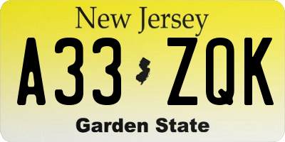 NJ license plate A33ZQK