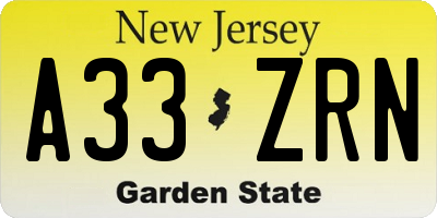 NJ license plate A33ZRN