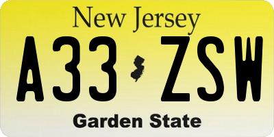 NJ license plate A33ZSW