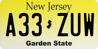 NJ license plate A33ZUW