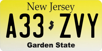 NJ license plate A33ZVY