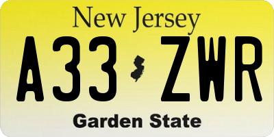 NJ license plate A33ZWR