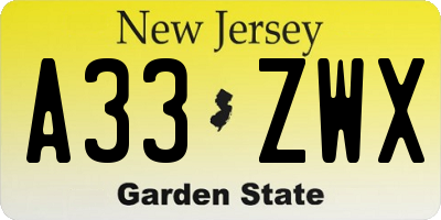 NJ license plate A33ZWX
