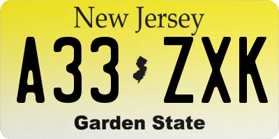 NJ license plate A33ZXK