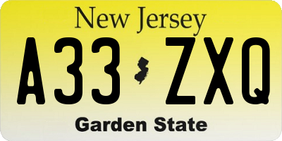 NJ license plate A33ZXQ