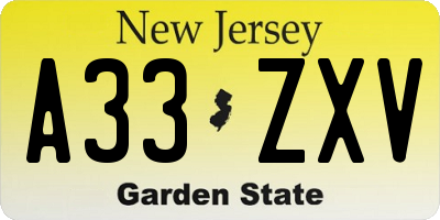 NJ license plate A33ZXV