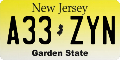 NJ license plate A33ZYN