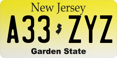 NJ license plate A33ZYZ