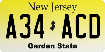 NJ license plate A34ACD