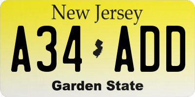 NJ license plate A34ADD