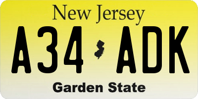 NJ license plate A34ADK