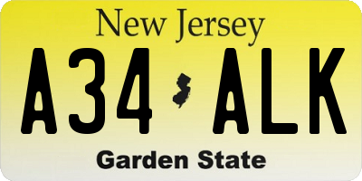 NJ license plate A34ALK