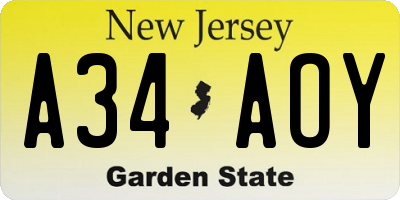 NJ license plate A34AOY