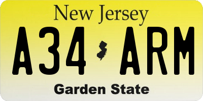 NJ license plate A34ARM