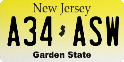 NJ license plate A34ASW