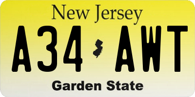 NJ license plate A34AWT