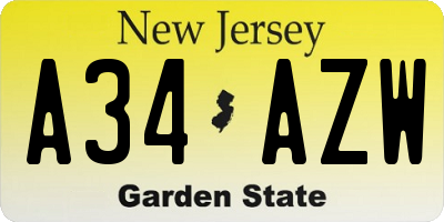 NJ license plate A34AZW