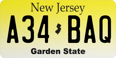 NJ license plate A34BAQ