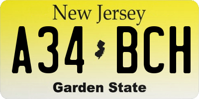 NJ license plate A34BCH