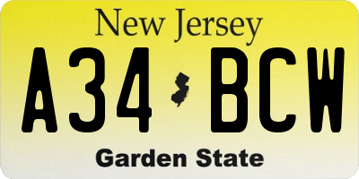 NJ license plate A34BCW