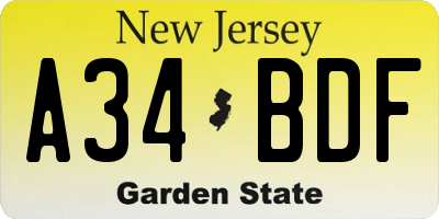 NJ license plate A34BDF