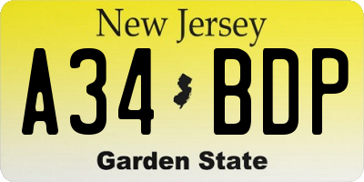 NJ license plate A34BDP