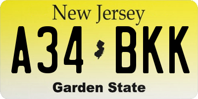 NJ license plate A34BKK