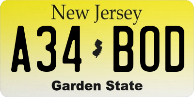 NJ license plate A34BOD