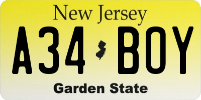 NJ license plate A34BOY