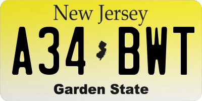 NJ license plate A34BWT