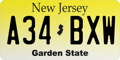 NJ license plate A34BXW