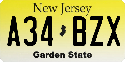 NJ license plate A34BZX