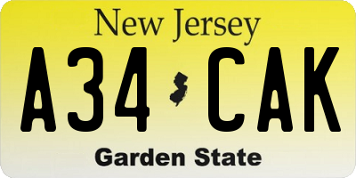 NJ license plate A34CAK