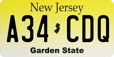 NJ license plate A34CDQ