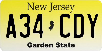 NJ license plate A34CDY