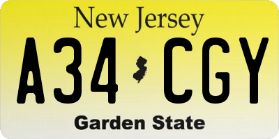NJ license plate A34CGY