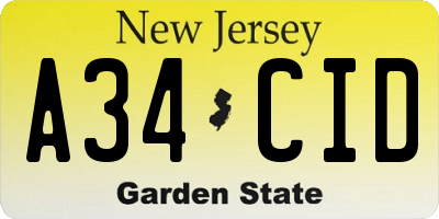 NJ license plate A34CID