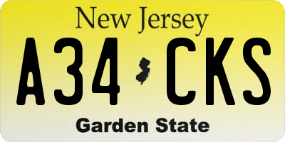 NJ license plate A34CKS