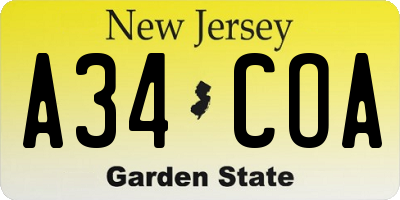 NJ license plate A34COA