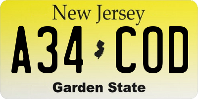 NJ license plate A34COD